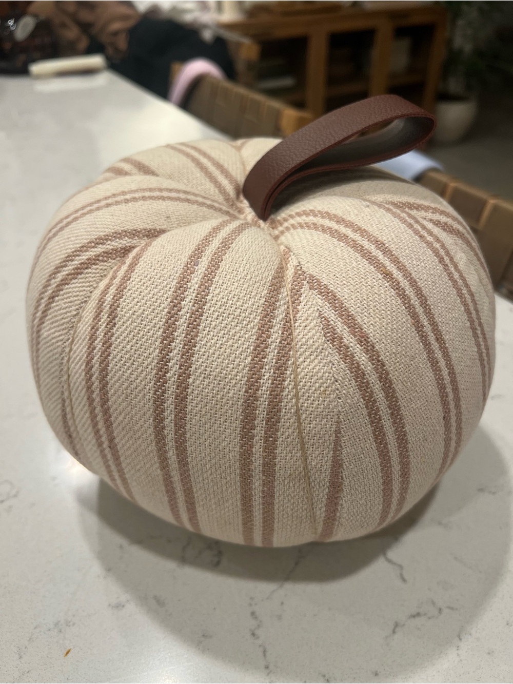 Soft Striped Cream Decorative Pumpkin with Brown Leather Stem